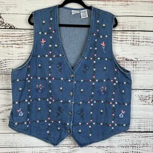 Womens VTG Bobbie Brooks Blue Denim Vest Embroidered Floral Dainty Cottage 18/20